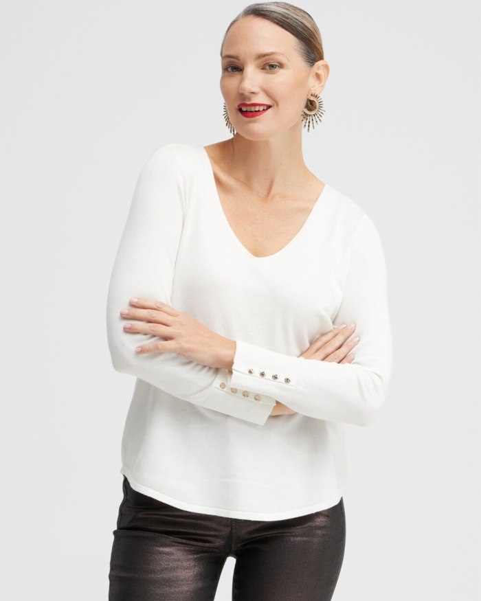 Women's Button Cuff V-neck Pullover Sweater - Ecru - Click Image to Close