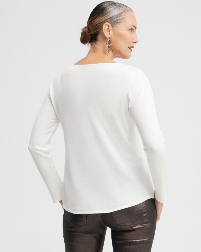 Women's Button Cuff V-neck Pullover Sweater - Ecru