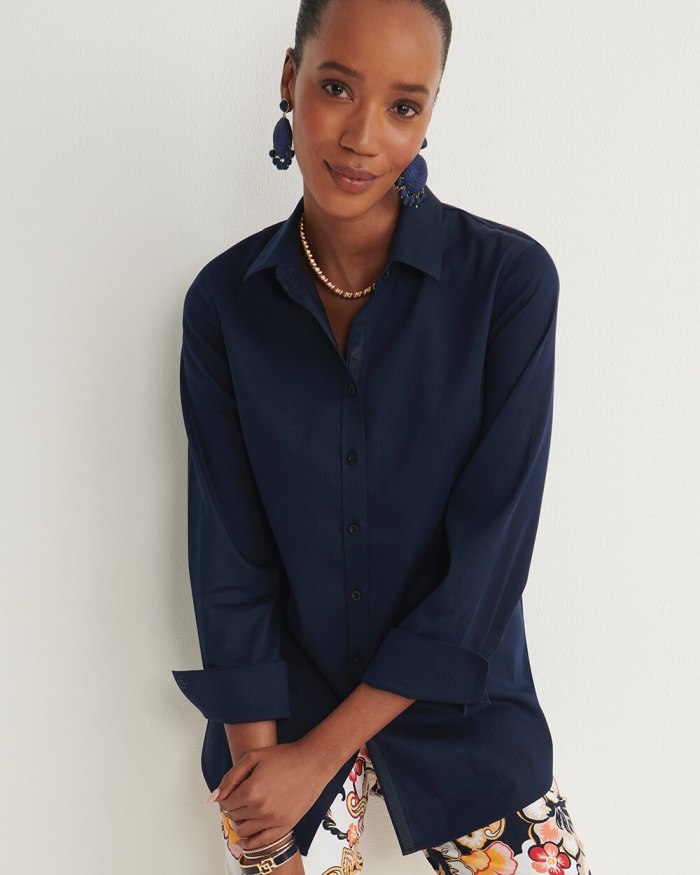 Women's No Iron 3/4 Sleeve Stretch Shirt - Classic Navy - Click Image to Close