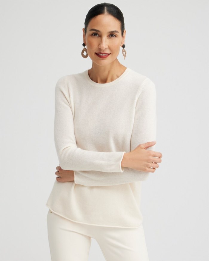 Women's Cashmere Crew Neck Sweater - Ecru - Click Image to Close