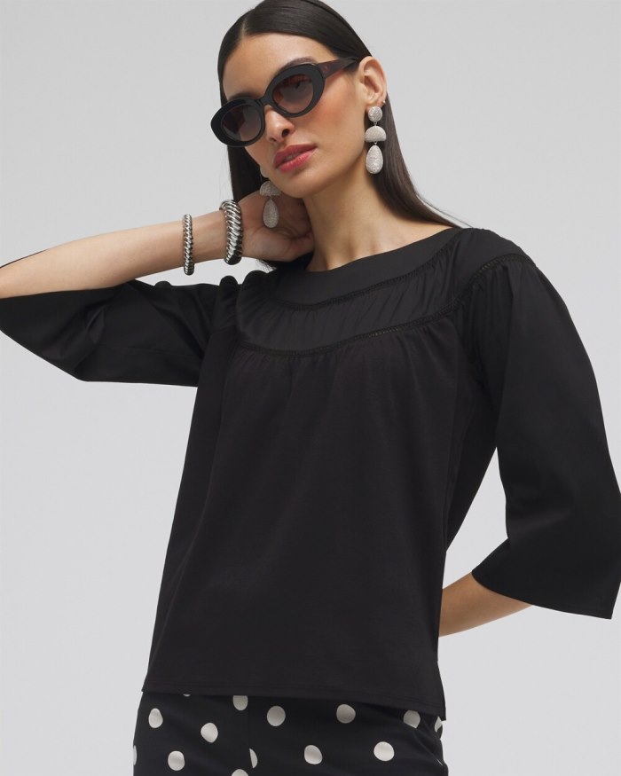 Women's Eyelet Trim Top - Black - Click Image to Close