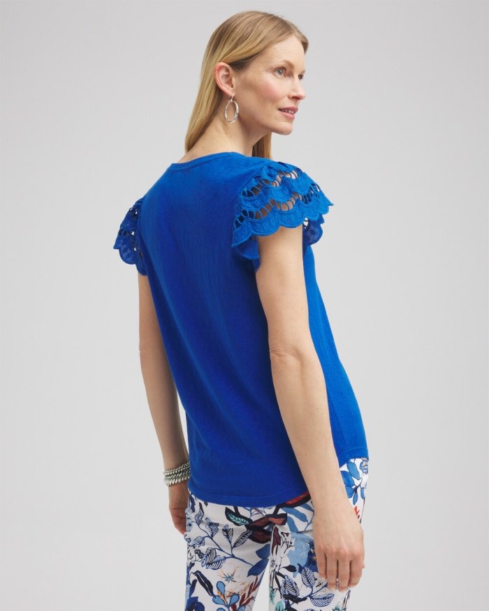 Women's Tiered Eyelet Sleeve Top - Intense Azure