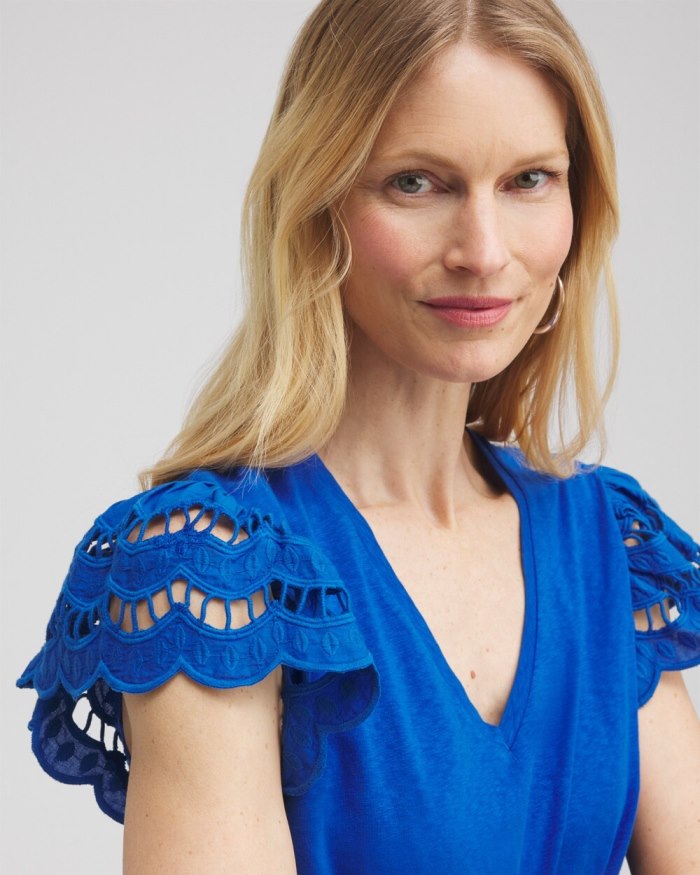 Women's Tiered Eyelet Sleeve Top - Intense Azure