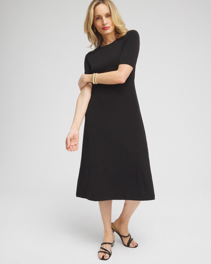 Women's Elbow Sleeve Midi Dress - Black - Click Image to Close