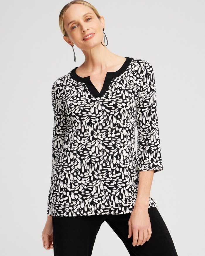 Women's Travelers Print Split Neck Top - Black/Ecru