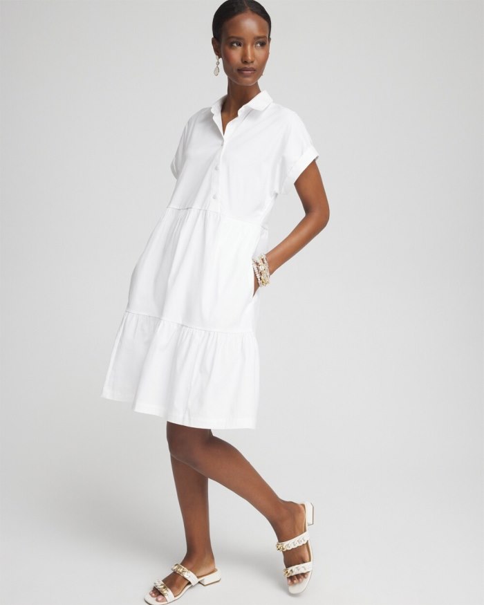 Women's Poplin Diagonal Button Front Dress - Alabaster - Click Image to Close