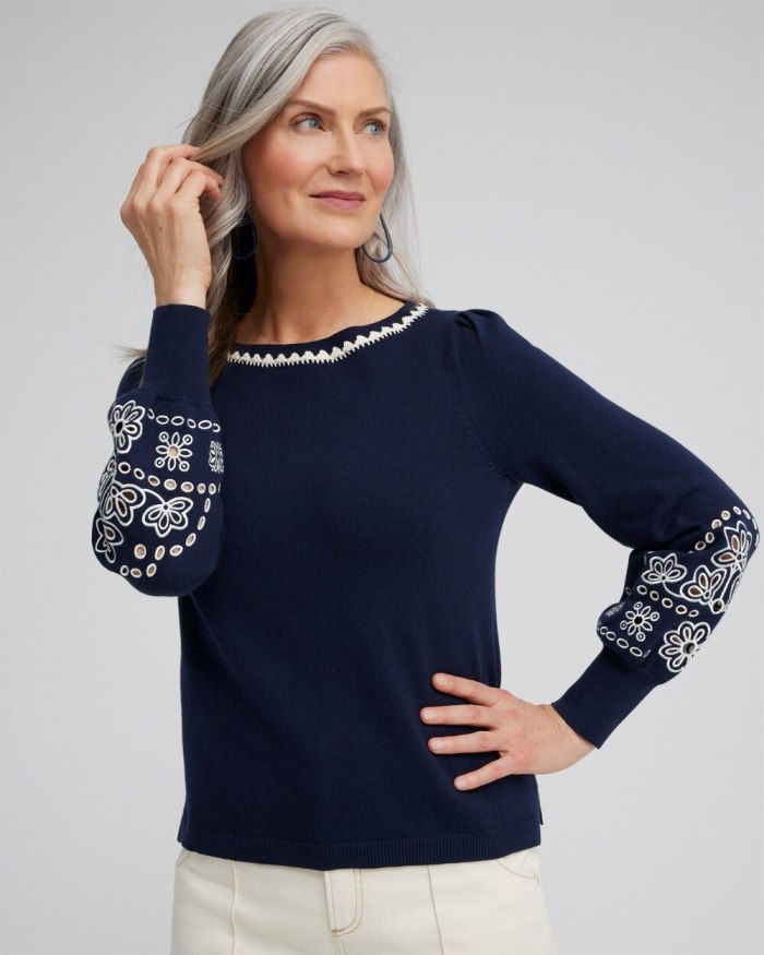 Women's Embroidered Pullover Sweater - Classic Navy