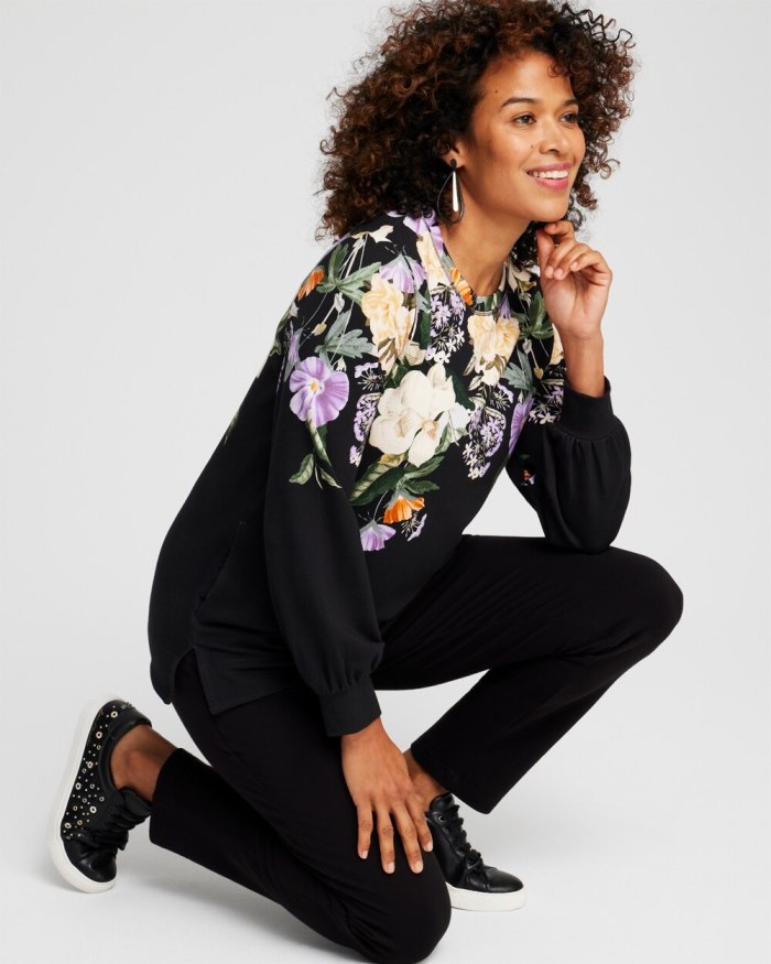 Women's Zenergy French Terry Floral Pullover - Black