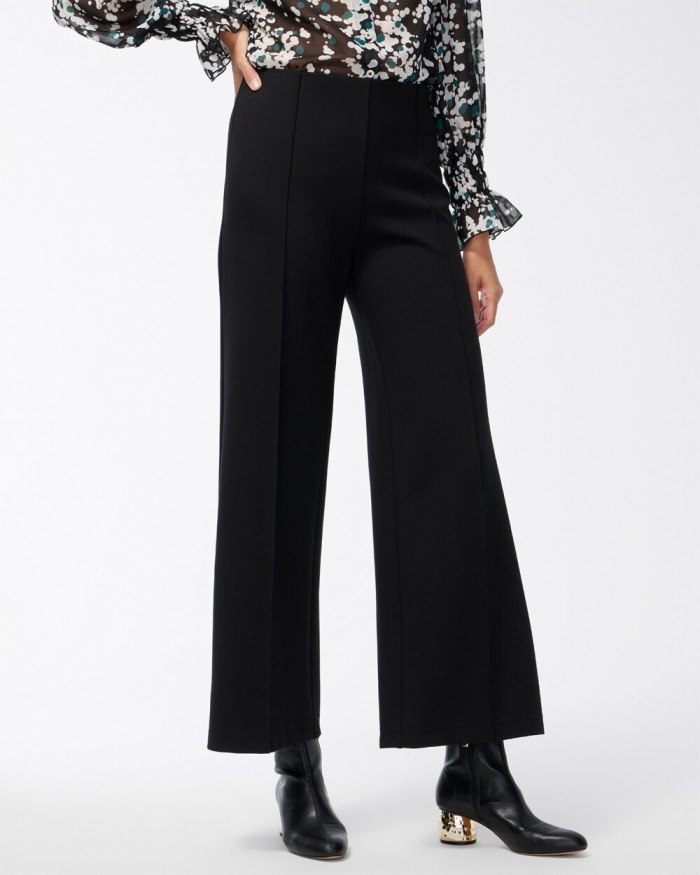 Women's Ponte Pintuck Wide Leg Ankle Pants - Black - Click Image to Close