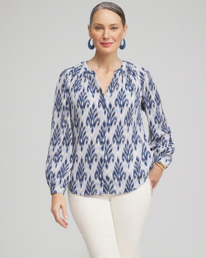 Women's Chiffon Ikat Print Blouse - French Blue - Click Image to Close