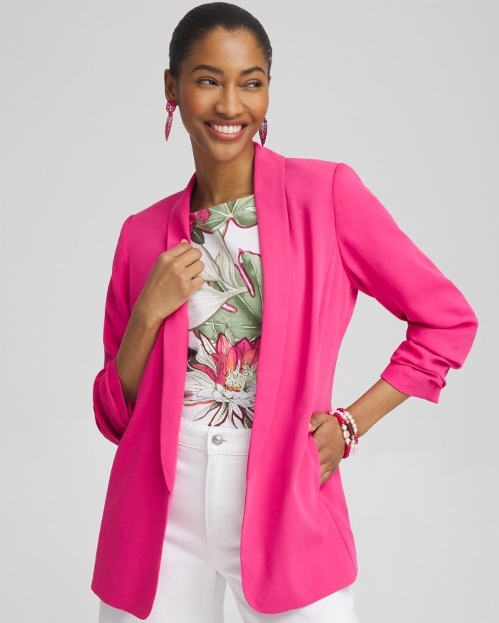 Women's Ruched Sleeve Blazer - PINK BROMELIAD - Click Image to Close