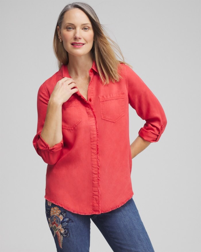 Women's Twill Fringe Hem Shirt - Ginger Rose - Click Image to Close