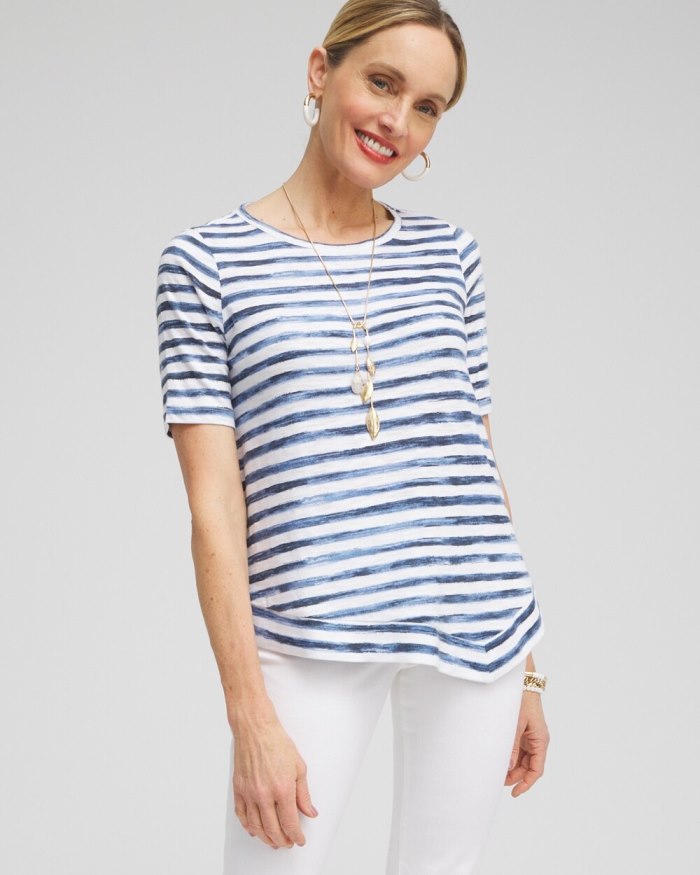 Women's Stripe Asymmetrical Elbow Sleeve Tee - Classic Navy - Click Image to Close