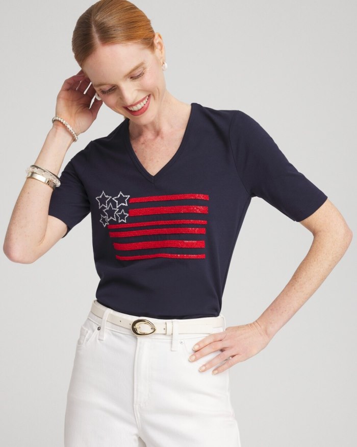 Women's Embellished Flag Tee - Classic Navy - Click Image to Close