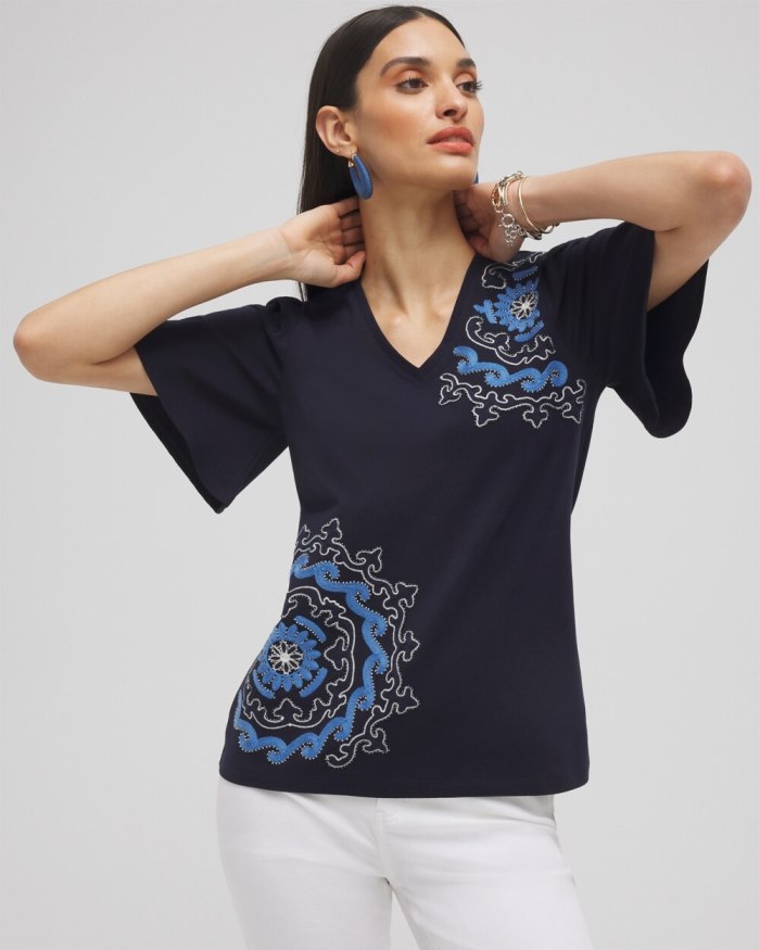 Women's Embellished Flutter Sleeve Tee - Classic Navy