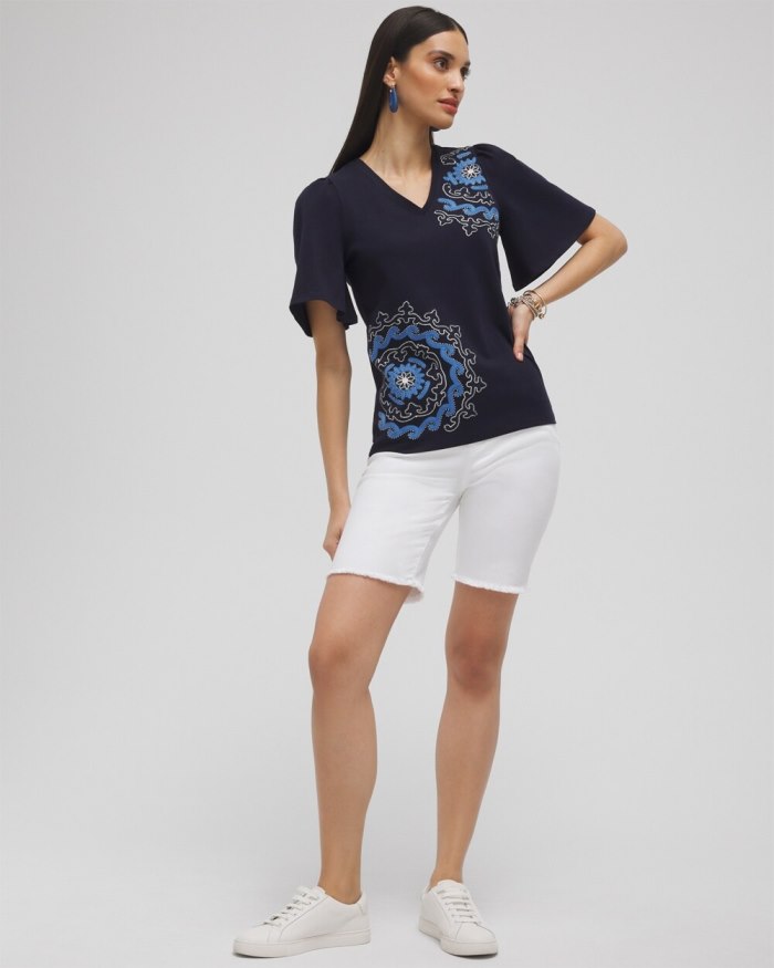 Women's Embellished Flutter Sleeve Tee - Classic Navy