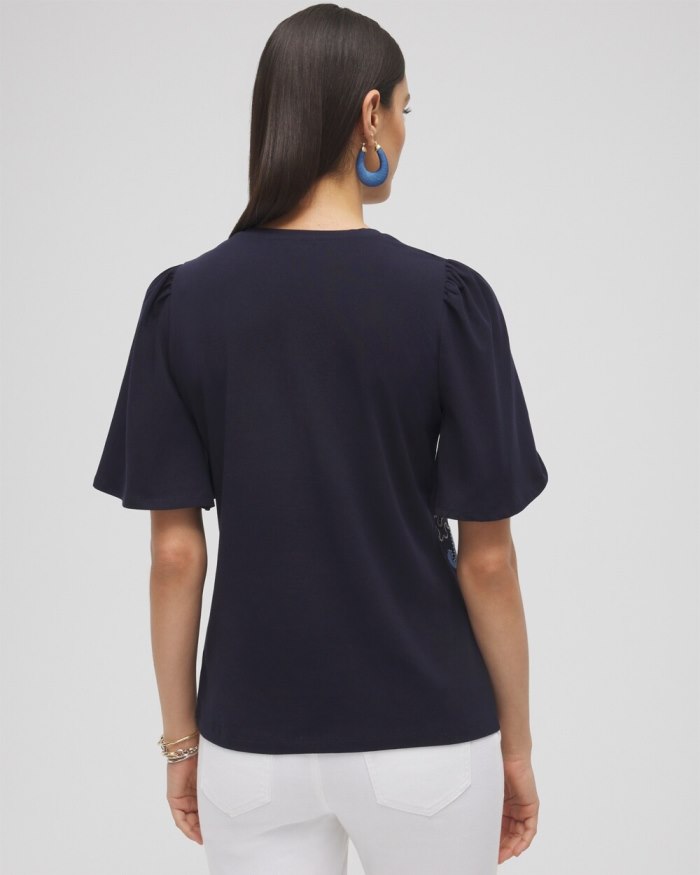 Women's Embellished Flutter Sleeve Tee - Classic Navy