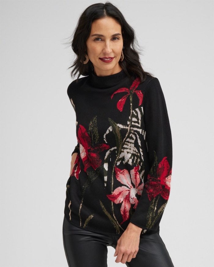 Women's Floral Mock Neck Sweater - Black