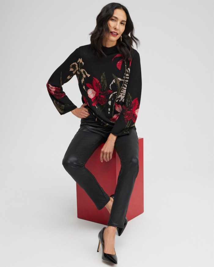 Women's Floral Mock Neck Sweater - Black