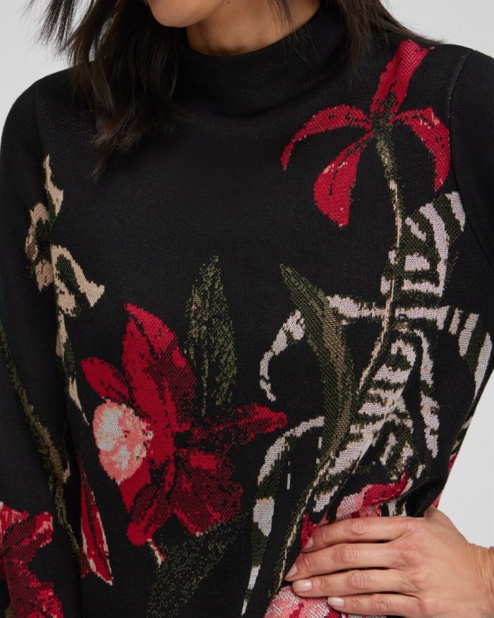 Women's Floral Mock Neck Sweater - Black