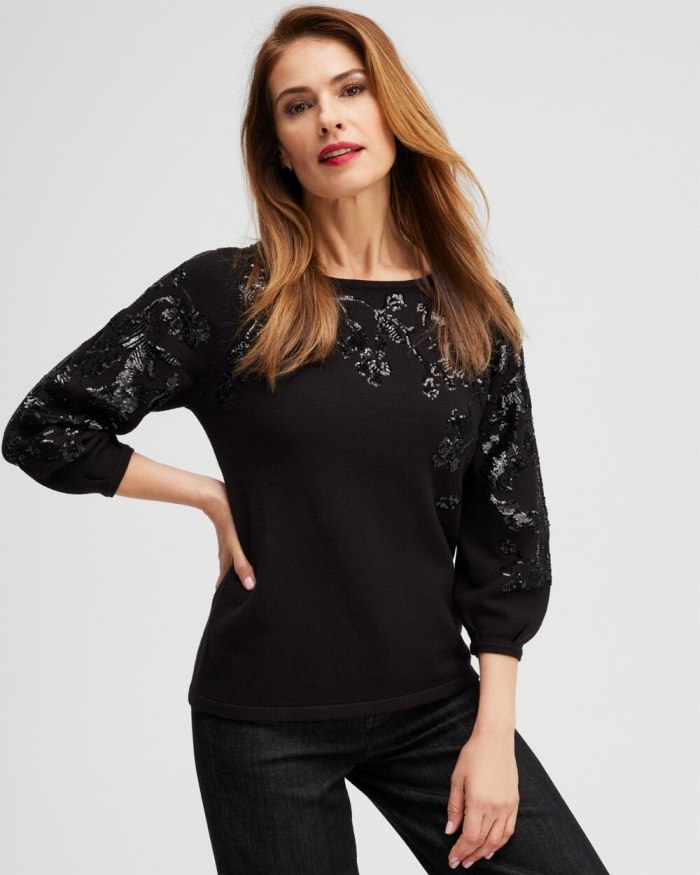 Women's Sequin Floral Pullover Sweater - Black - Click Image to Close