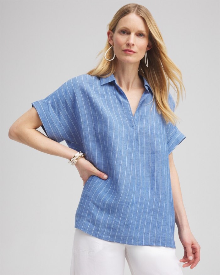 Women's Linen Stripe Popover Top - Blue