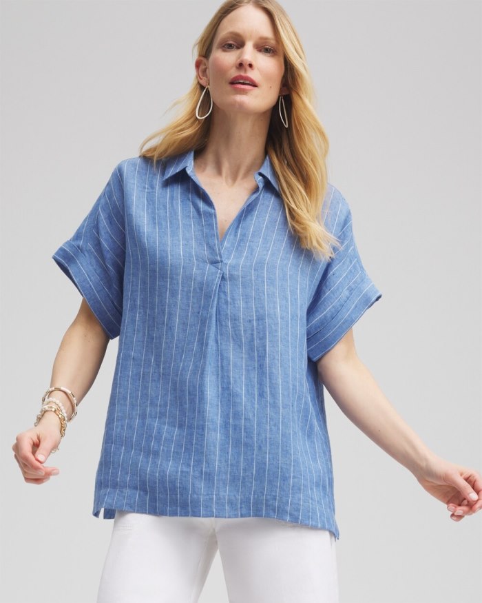 Women's Linen Stripe Popover Top - Blue