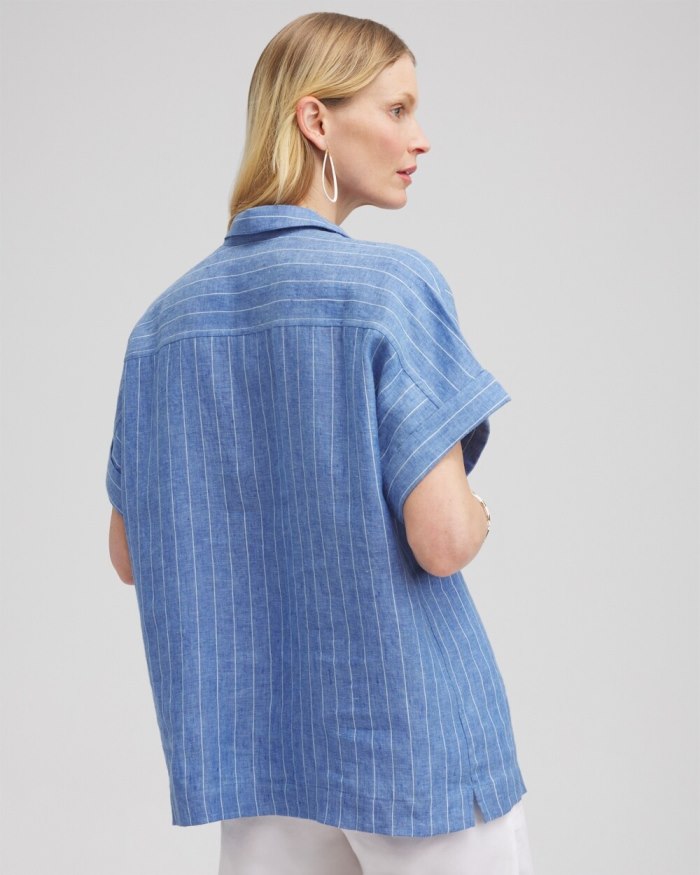 Women's Linen Stripe Popover Top - Blue