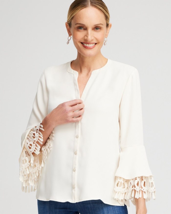 Women's Lace Detail Long Sleeve Top - English Cream - Click Image to Close