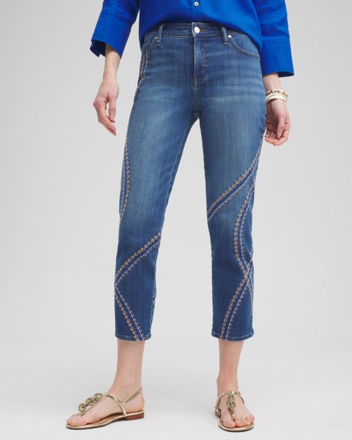 Women's Girlfriend Embroidered Cropped Jeans - Corfu Indigo