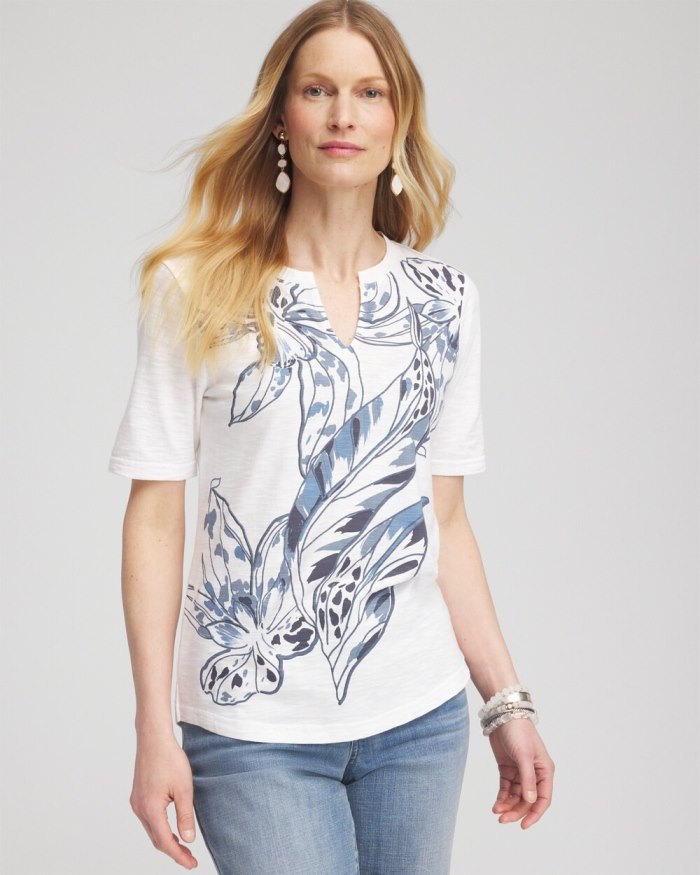 Women's Floral Notch Neck Tee - Alabaster - Click Image to Close