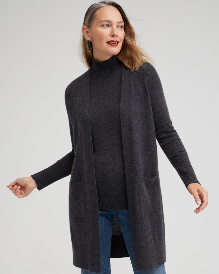 Women's Cashmere Duster Cardigan Sweater - Dark Gray - Click Image to Close