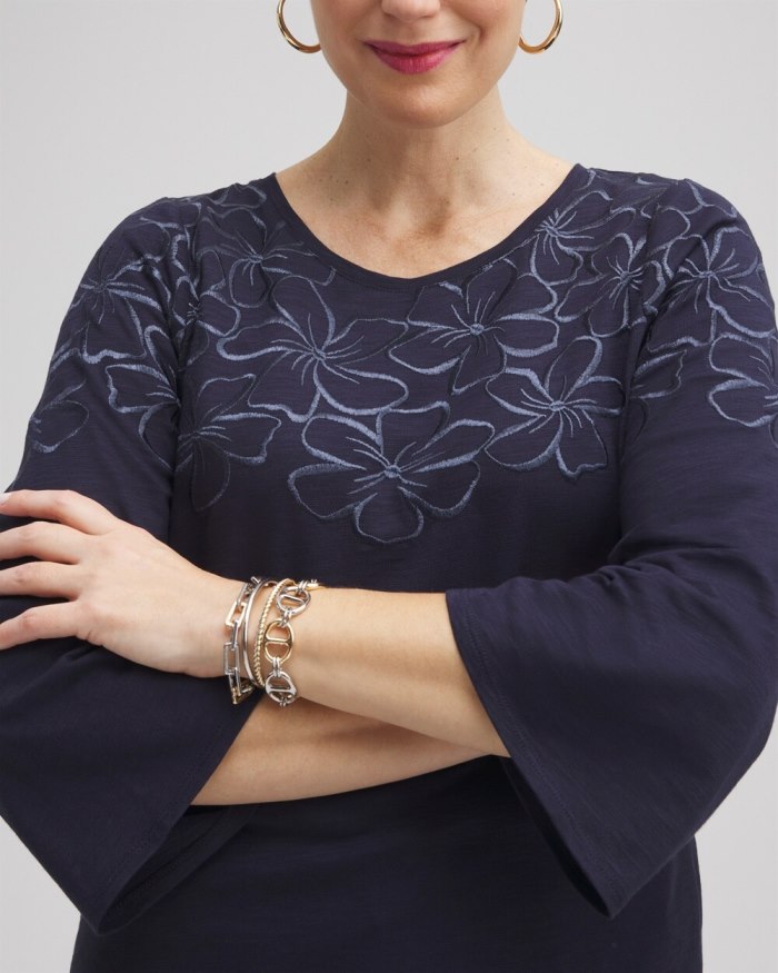 Women's Floral Embroidered 3/4 Sleeve Top - Classic Navy