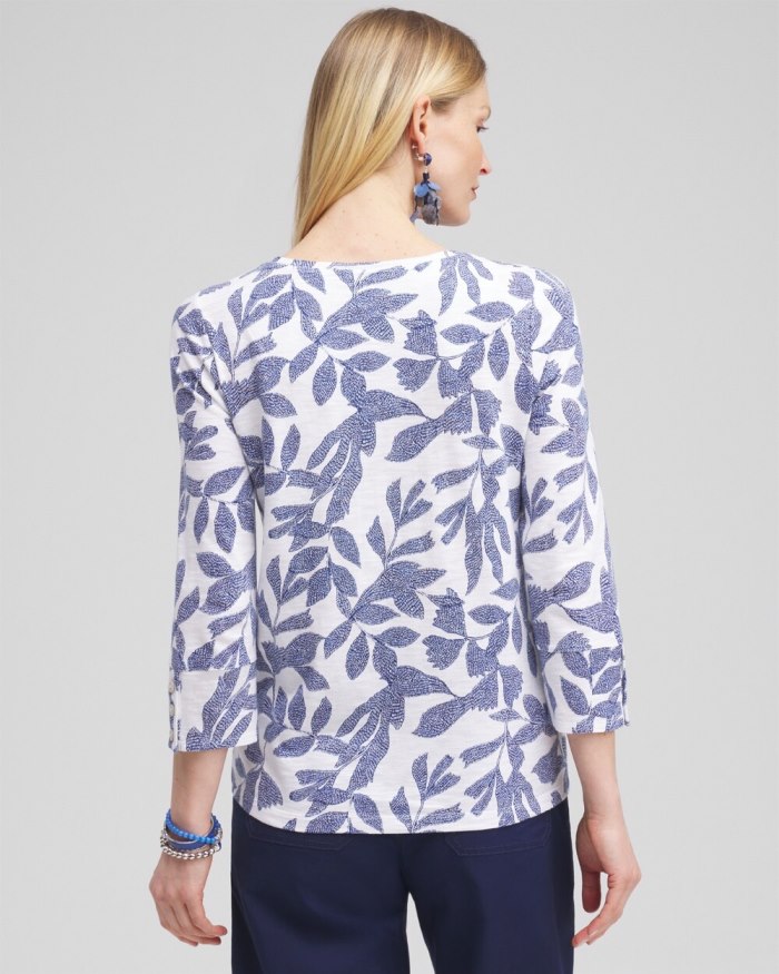 Women's Leaf Print 3/4 Sleeve Button Tee - Classic Navy