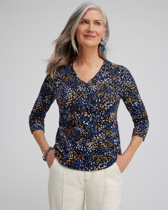 Women's Dot Print V-neck 3/4 Sleeve Tee - Blue Echo - Click Image to Close