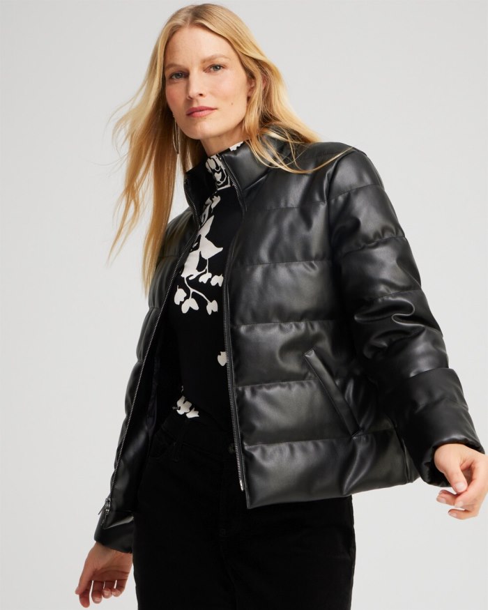 Women's Faux Leather Puffer Jacket - Black - Click Image to Close