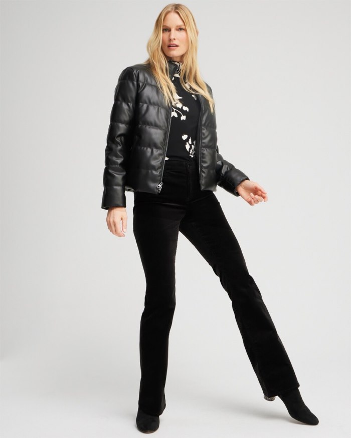 Women's Faux Leather Puffer Jacket - Black