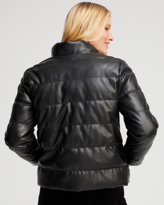 Women's Faux Leather Puffer Jacket - Black