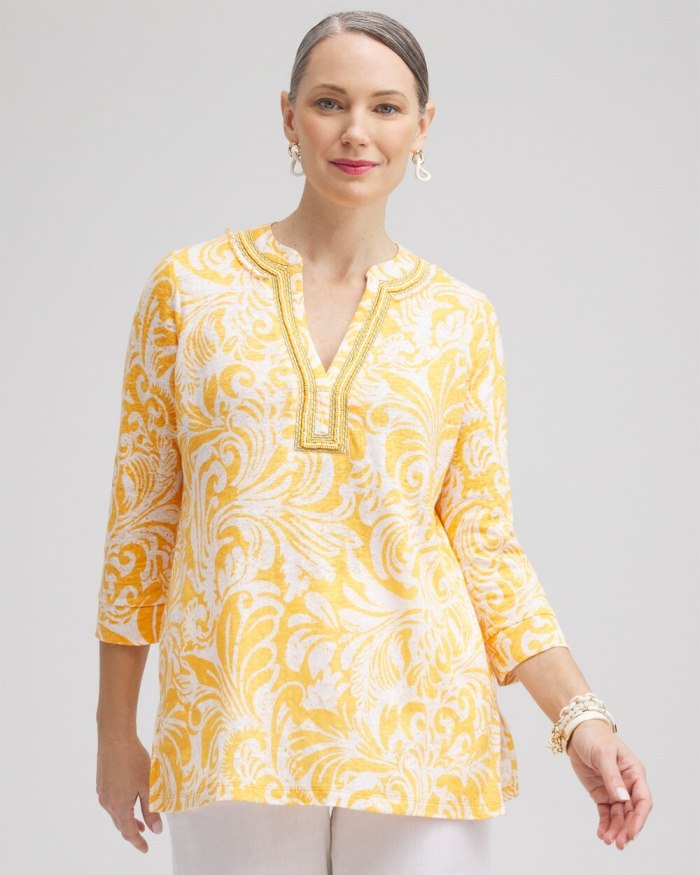 Women's Linen Paisley Embellished Tunic - Mango Sorbet