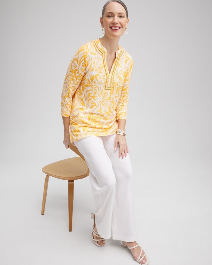 Women's Linen Paisley Embellished Tunic - Mango Sorbet