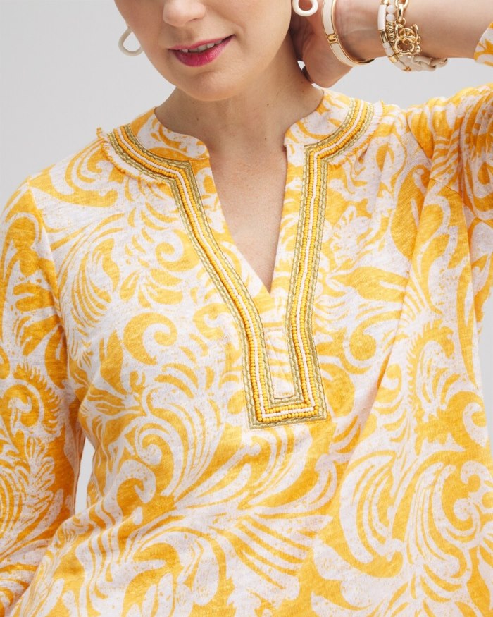 Women's Linen Paisley Embellished Tunic - Mango Sorbet