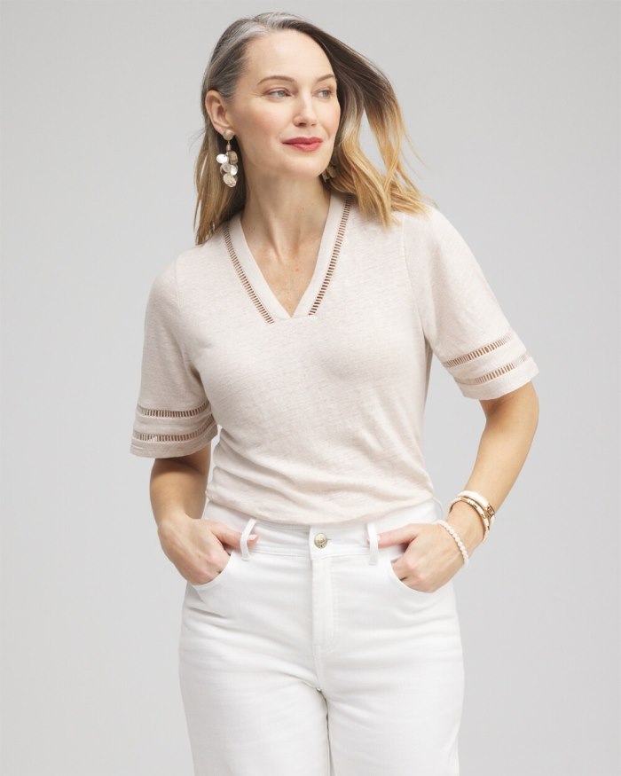 Women's Linen Ladder Lace Tee - Smokey Taupe - Click Image to Close