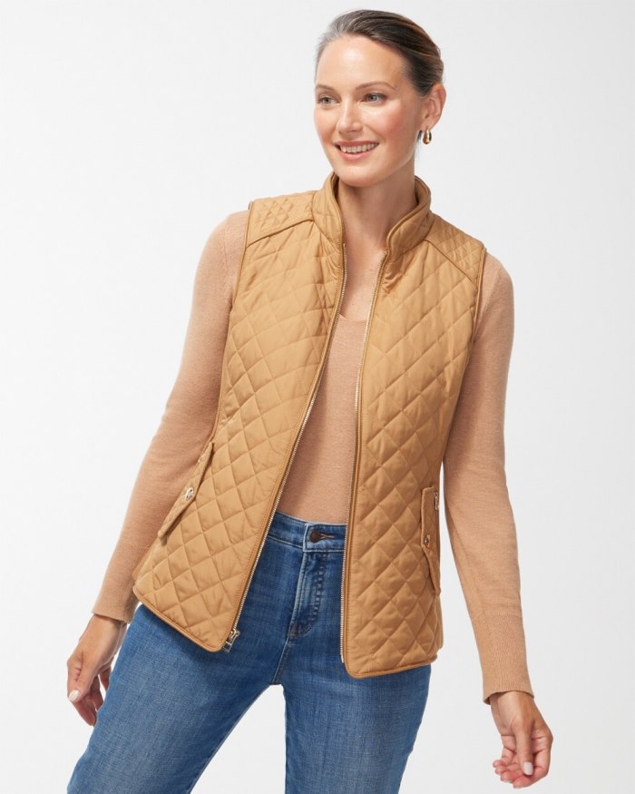 Women's Rib Trim Quilted Vest - Camel - Click Image to Close