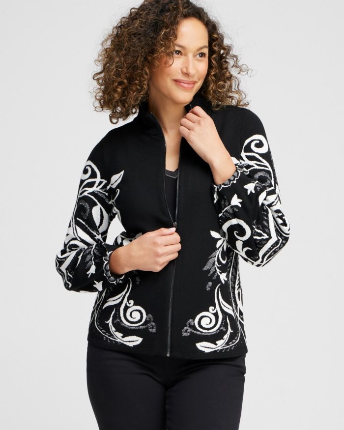 Women's Floral Jacquard Cardigan - Black - Click Image to Close