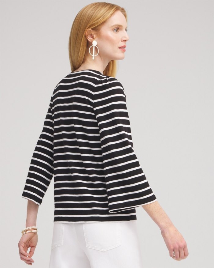 Women's Stripe Square Neck Bell Sleeve Top - Black