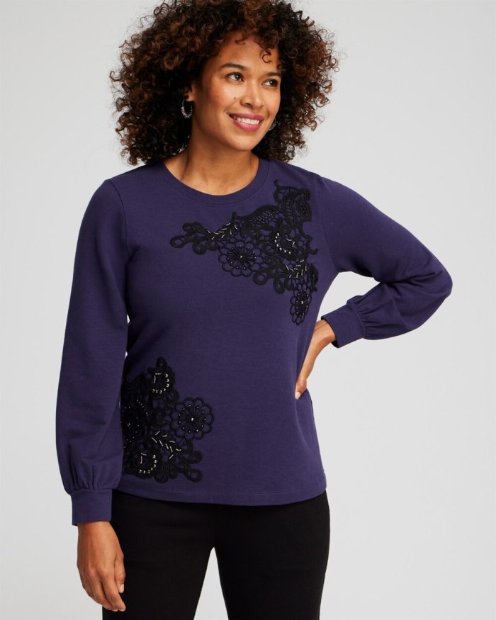 Women's Zenergy French Terry Applique Sweatshirt - Dewberry - Click Image to Close