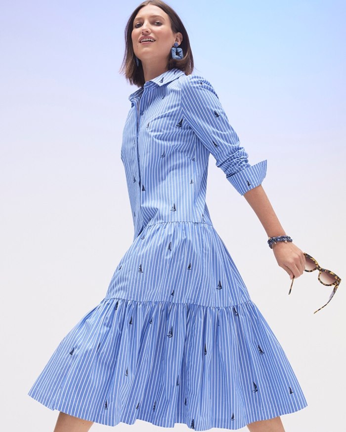 Women's Poplin Tiered Stripe Shirt Dress - Wisteria Blue - Click Image to Close