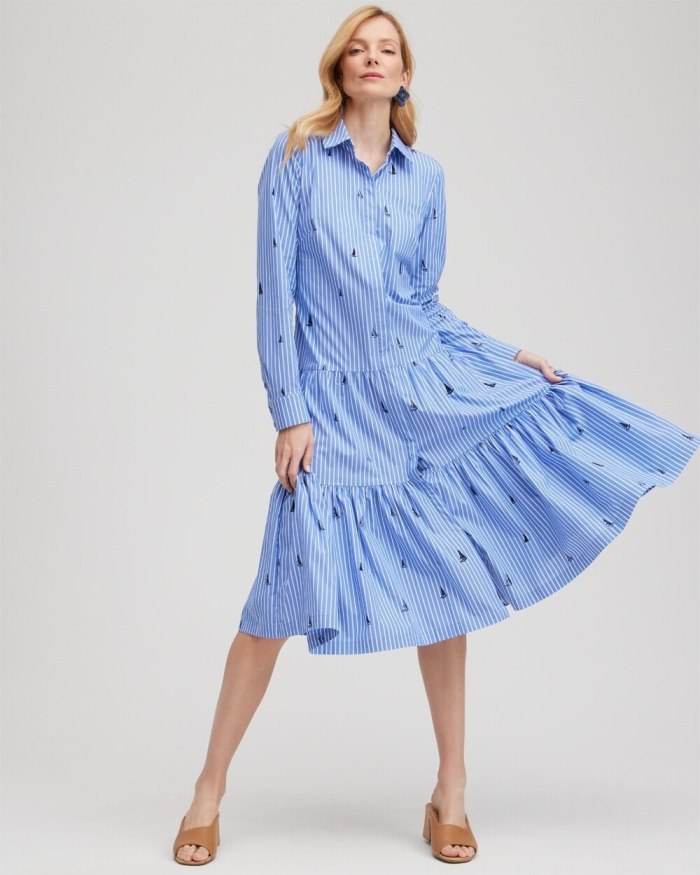 Women's Poplin Tiered Stripe Shirt Dress - Wisteria Blue