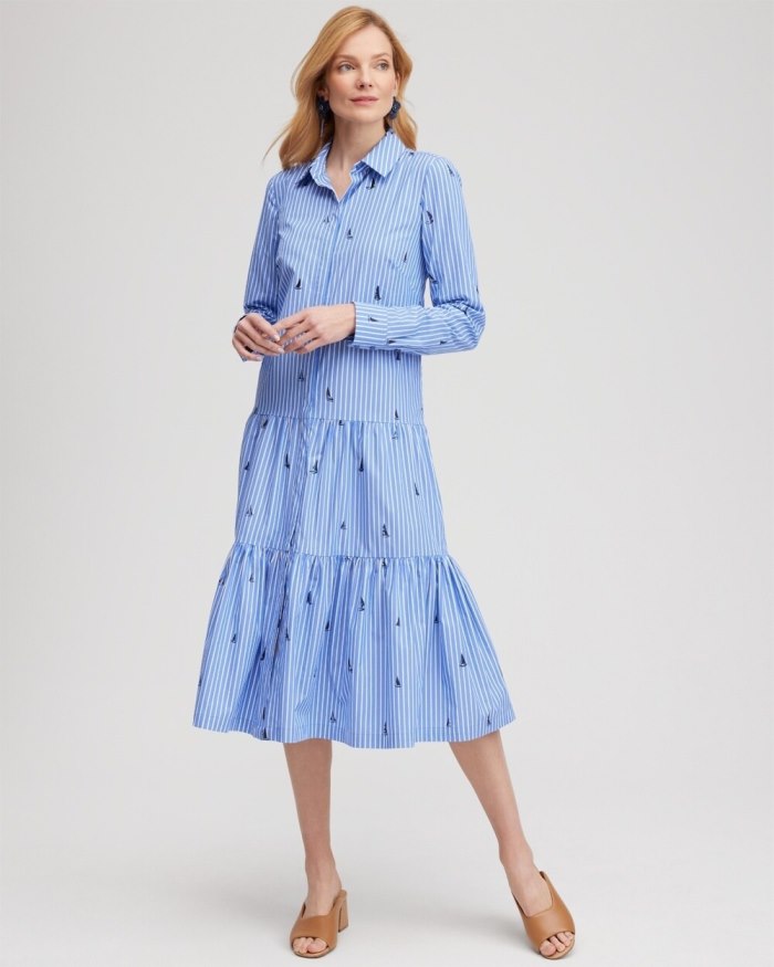 Women's Poplin Tiered Stripe Shirt Dress - Wisteria Blue