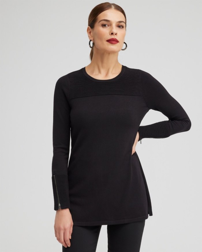 Women's Zipper Detail Tunic Sweater - Black